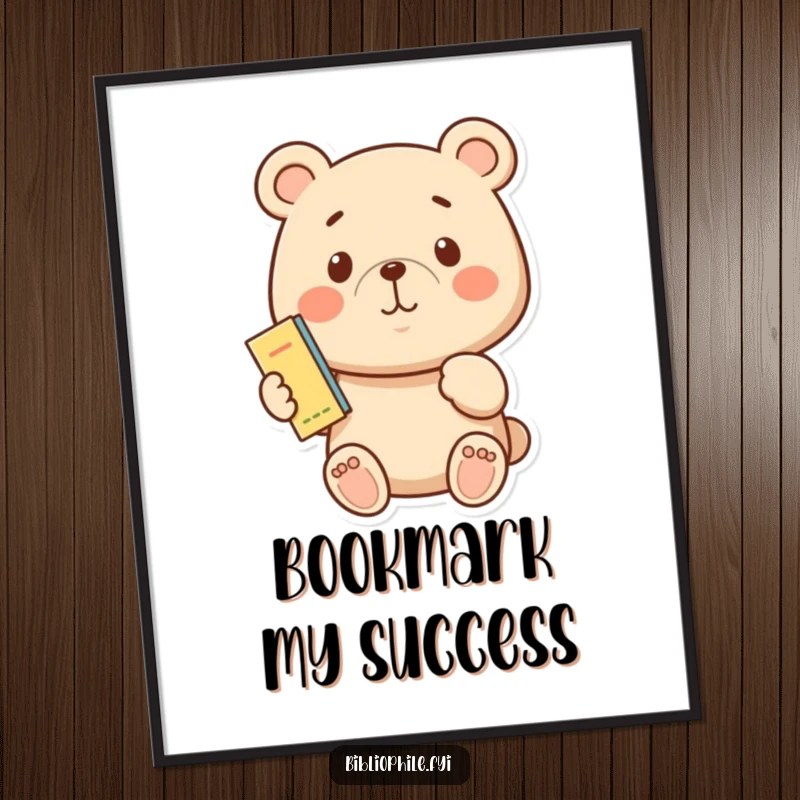 Funny bear character with a proud smile holding a bookmark, available as a high-resolution digital art print.