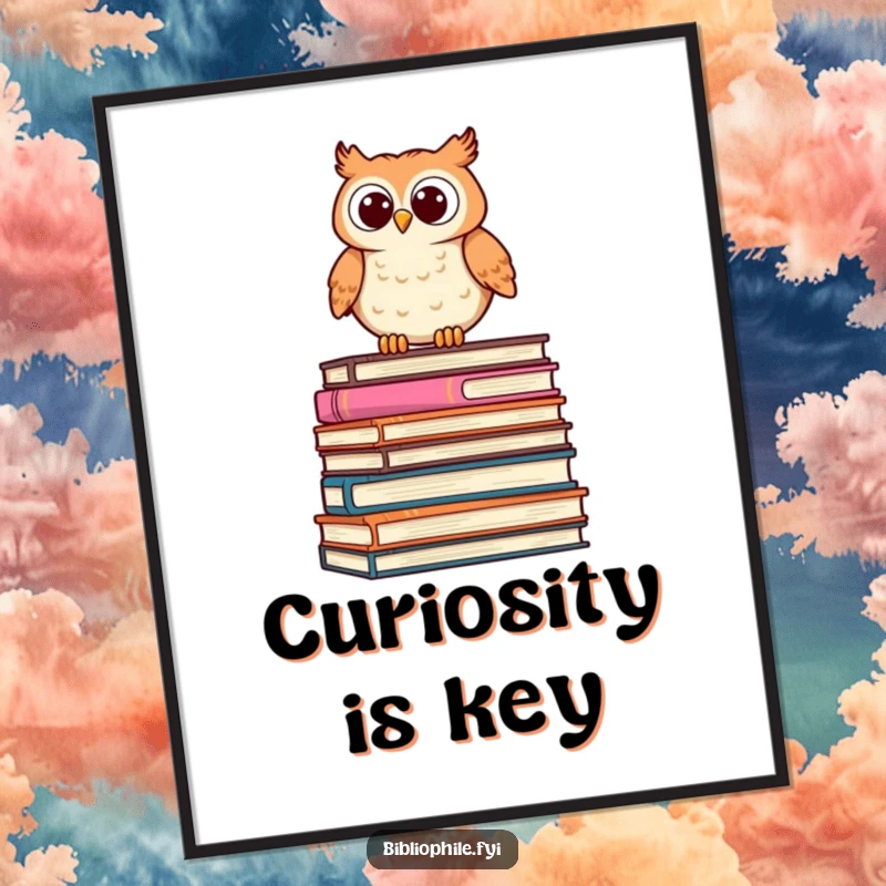 Funny Owl Digital Art Print of a cute, stylized owl perched on a stack of oversized books, peering curiously, printable decor.