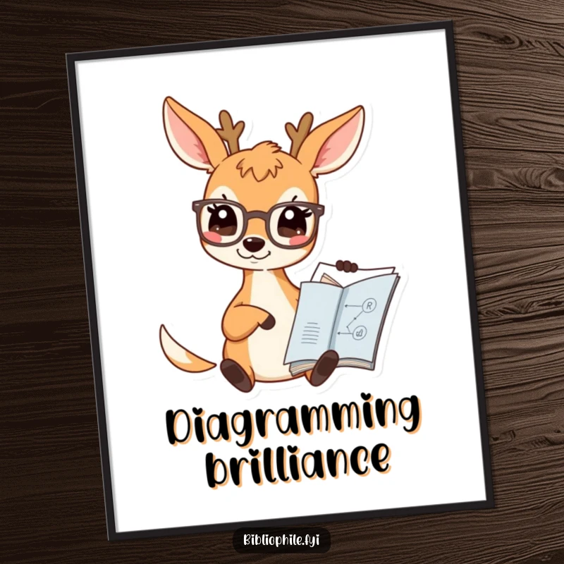 Funny Deer Digital Print of a cute deer character wearing spectacles and pointing at a book diagram, ideal for intellectual decor.