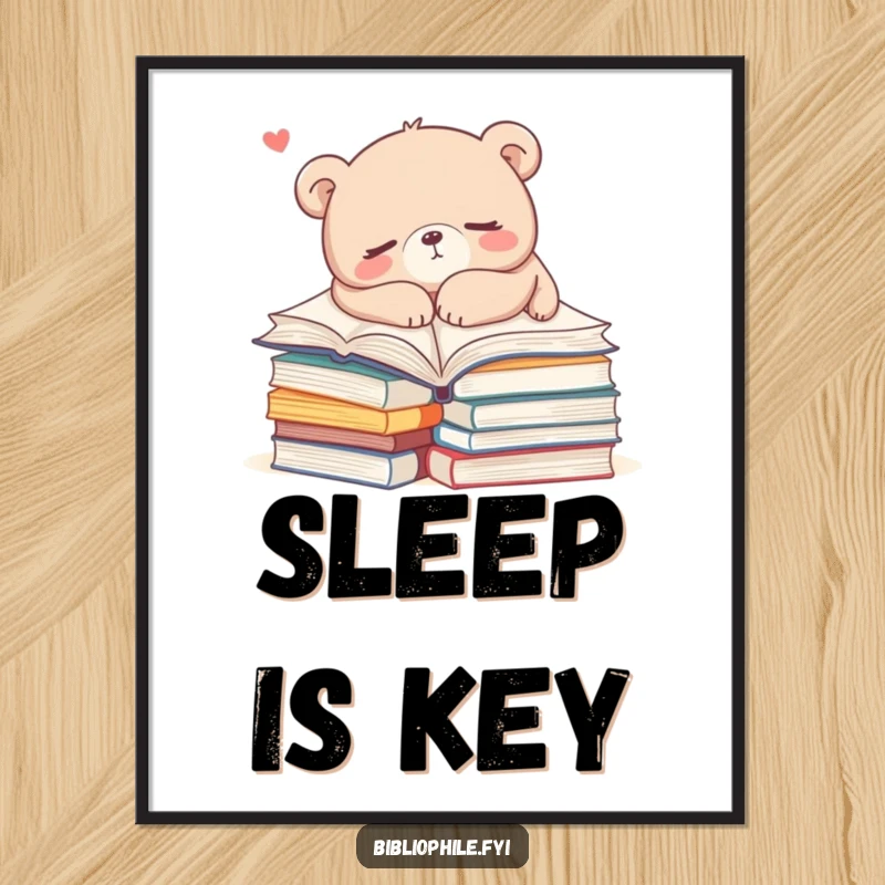 Funny bear sleeping on open books on a digital art print, conveying cozy relaxation with humor, ideal for wall decor.