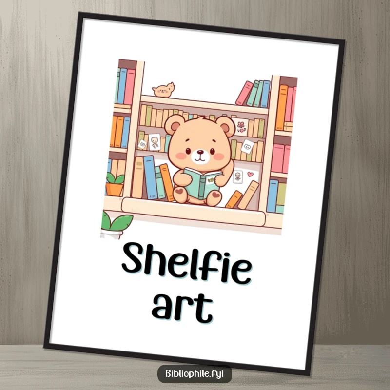 Funny Bear Digital Art: Bear decorating a bookshelf with drawings, whimsical and charming printable decor.