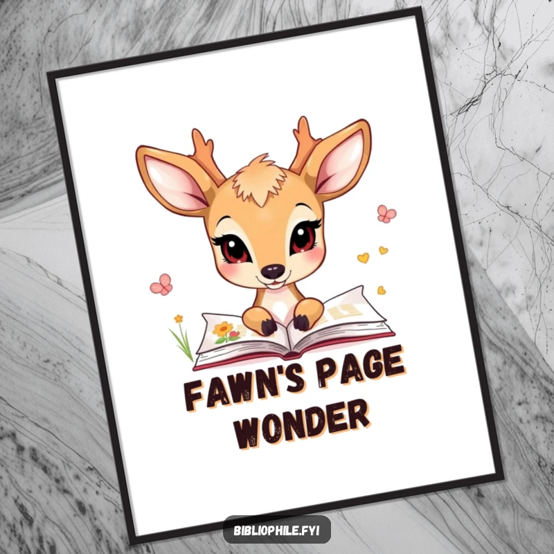 Funny digital art print of a charming deer character gazing at illustrated pages, ideal for wall decor.