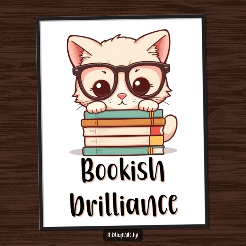 Funny digital art print of a kawaii kitten wearing glasses, peering at a stack of novels, ideal for instant wall decor.