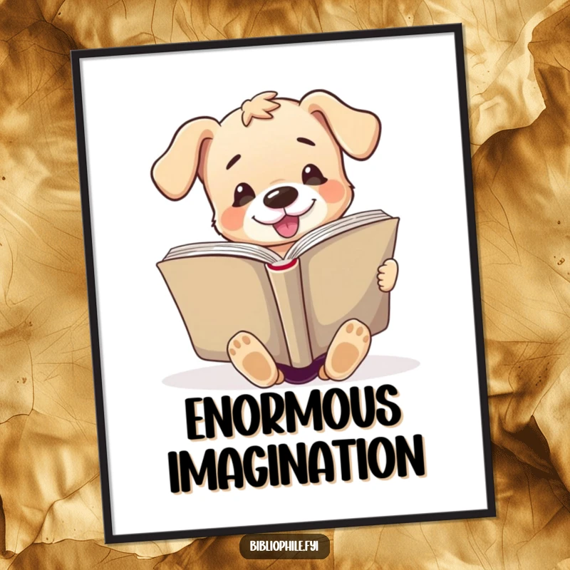Funny digital art print of a cute puppy character enthusiastically reading a very large open book, ideal for instant wall decor.