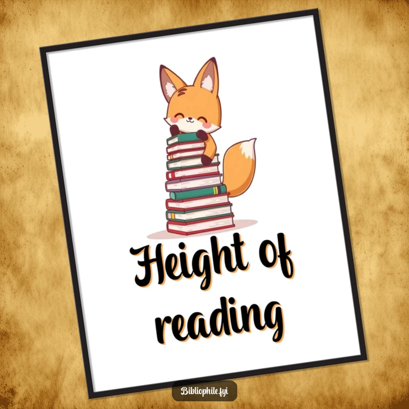 Funny Fox Digital Art: Cute fox stacking a tall tower of books wall art, humorous and charming.