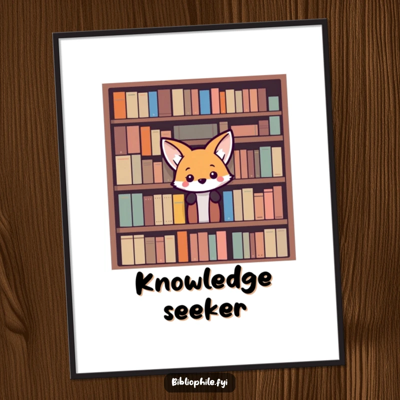 Funny Fox Digital Art Print: A curious fox peeks from behind a towering bookshelf, offering whimsical literary decor and instant charm.