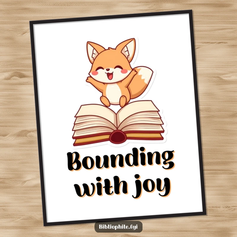 Funny fox leaping digital art print of a happy character over a book, instant literary fun.
