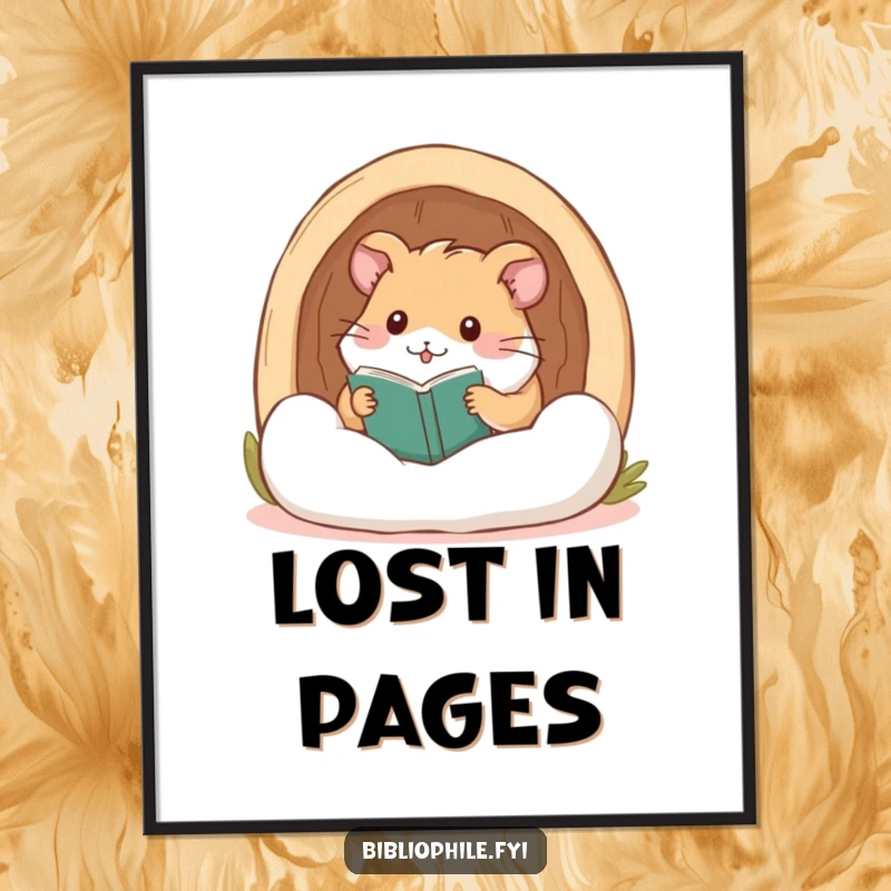 Funny hamster happily burrowing in a comfortable reading nook, available as a high-resolution digital art print.