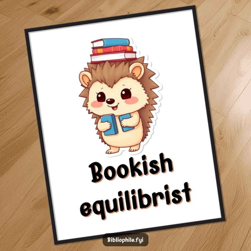 Funny digital art print of a playful hedgehog balancing books on its head, ideal for wall decor.