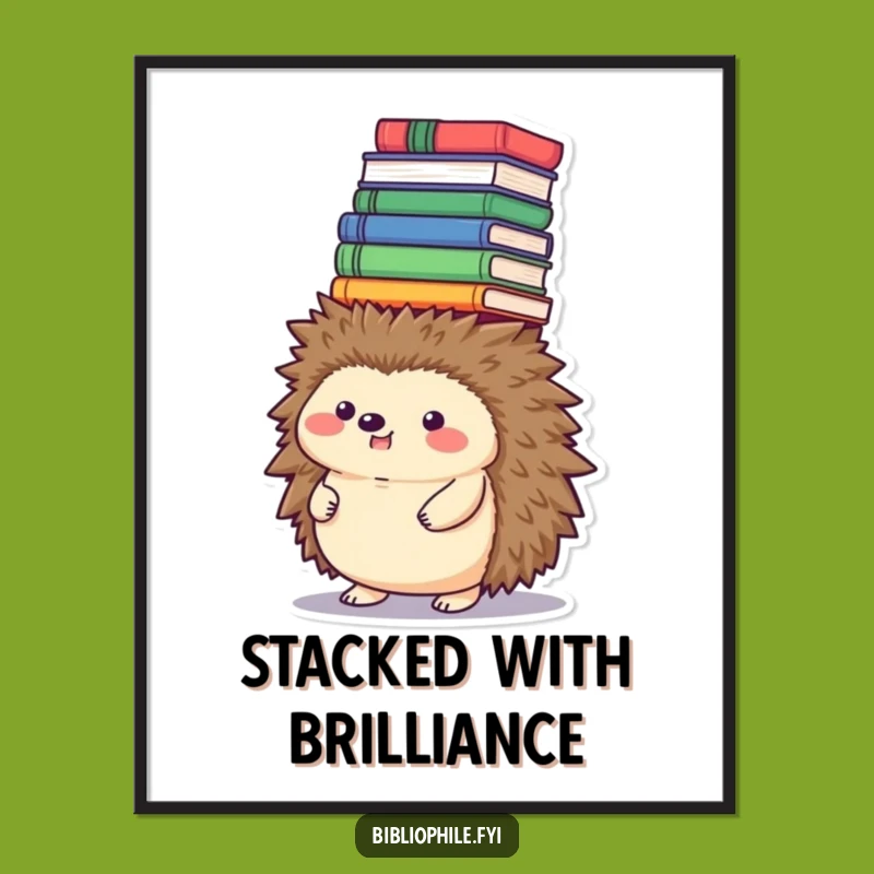 Funny Hedgehog Book Tower Digital Art - Instant Whimsical Decor for Book Lovers
