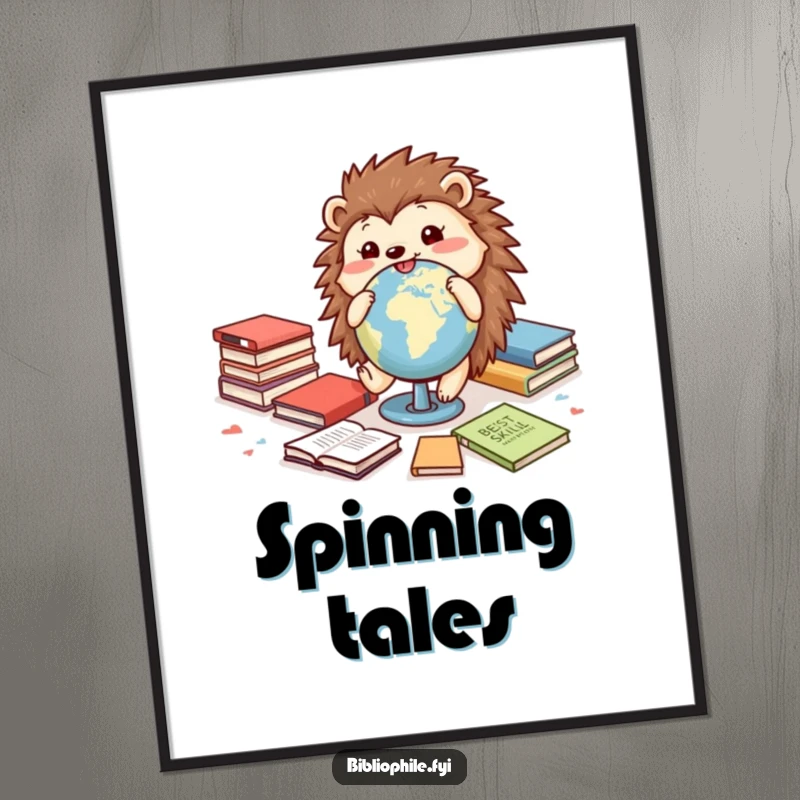 Funny digital art print of a cheerful hedgehog rolling a globe among books, perfect for adventurous wall decor.