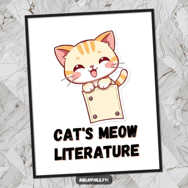 Funny kawaii cat character playfully pouncing at the end of a bookmark, as a downloadable and humorous digital art print.