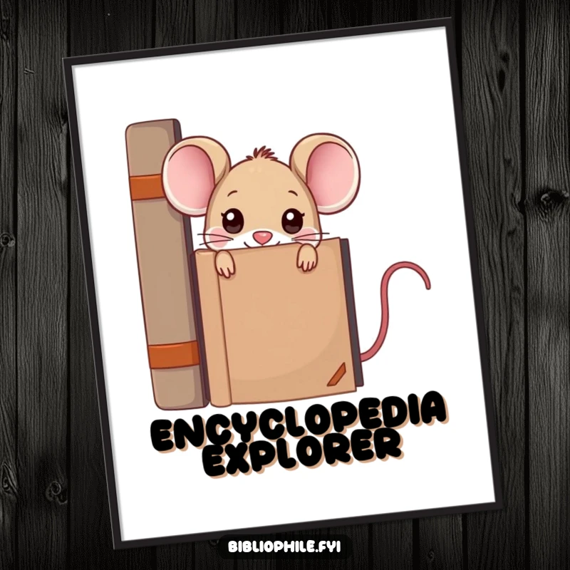 Funny kawaii mouse character peeking from behind a large encyclopedia, as a downloadable and humorous digital art print.