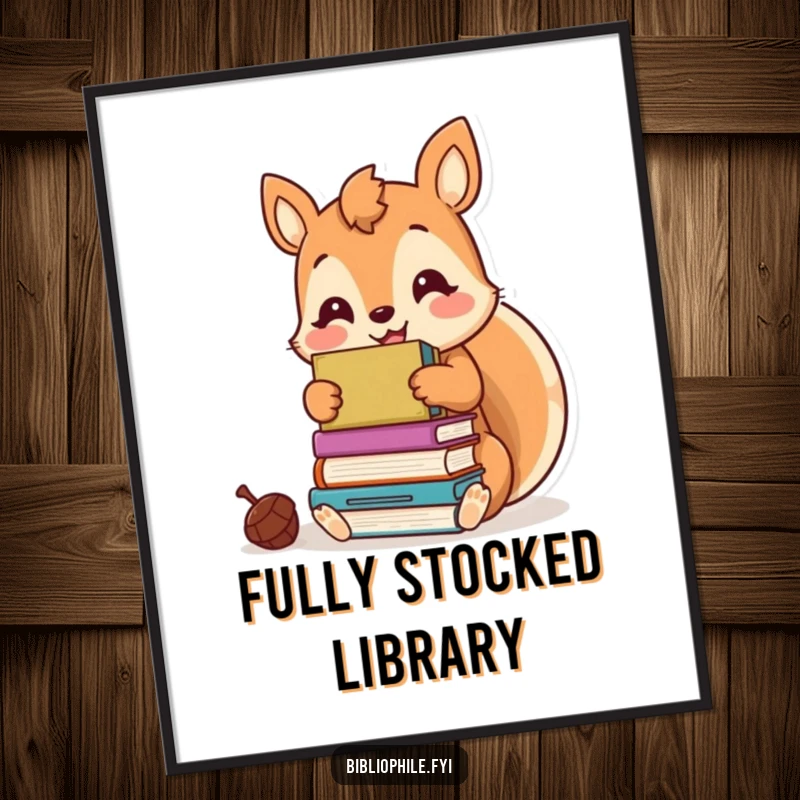 Funny kawaii squirrel character gleefully hoarding books like acorns, as a downloadable and humorous digital art print.