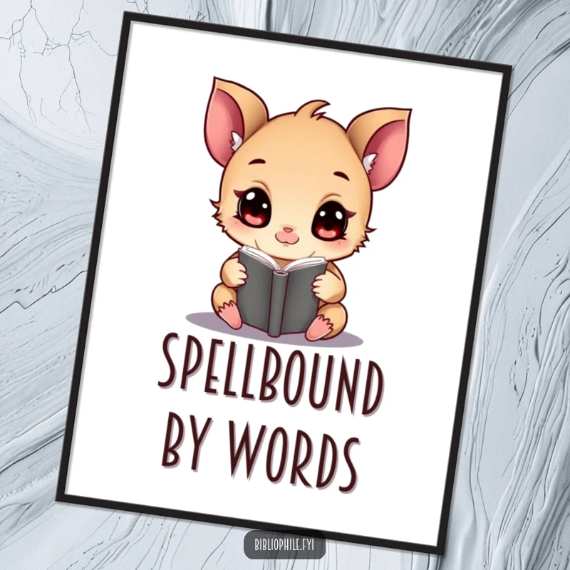 Funny tiny creature with wide eyes, engrossed in a magical-looking tome, available as a high-resolution digital art print.