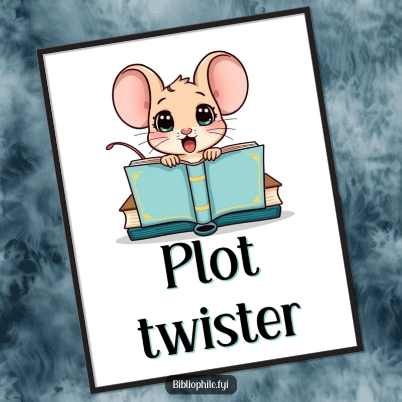 Funny digital art print of a surprised mouse character popping out of a book cover, conveying playful shock and humor.