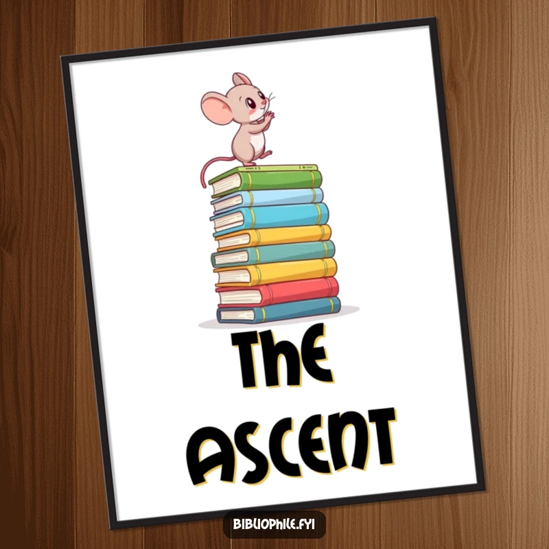 Funny digital art print of a determined mouse climbing a towering book stack, perfect for motivational wall decor.