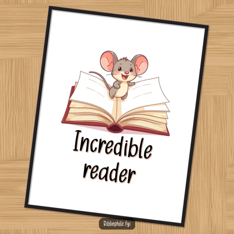 Funny Mouse Digital Art Print: A delighted mouse scurries across giant storybook pages, offering whimsical literary decor and instant charm.