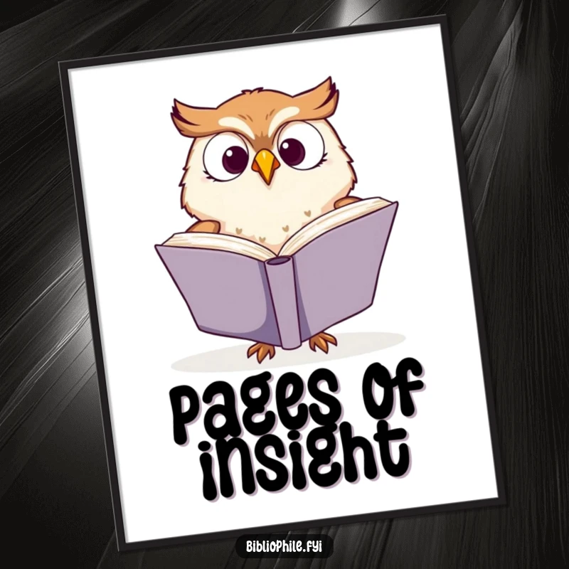 Funny digital art print of a cute owl character enthusiastically turning pages of a large book, a captivating piece for readers.
