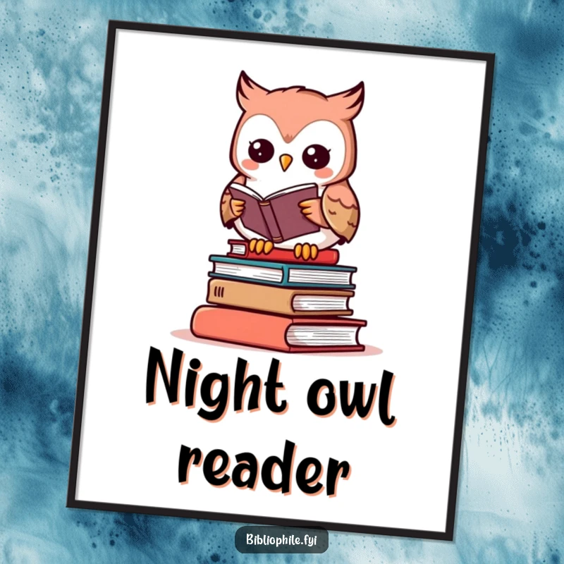 Funny owl reading digital art print of a cute character on books, perfect for instant literary decor.