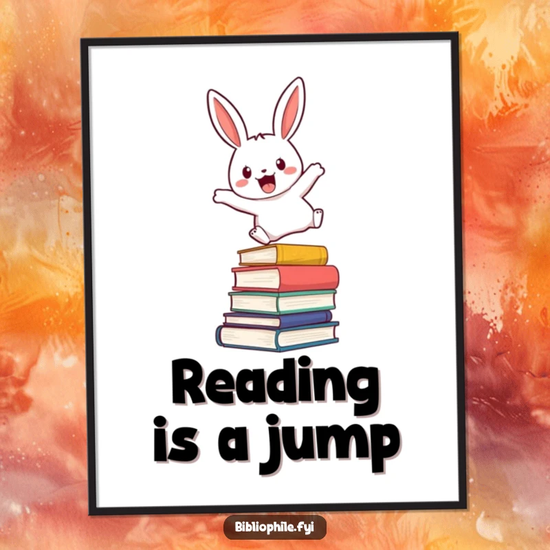 Funny digital art print of a cute rabbit character enthusiastically leaping over a stack of novels, a dynamic print for readers.