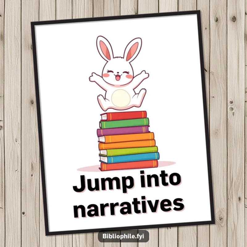 Cheerful rabbit joyfully leaping over a stack of colorful storybooks, printable digital art for vibrant decor.