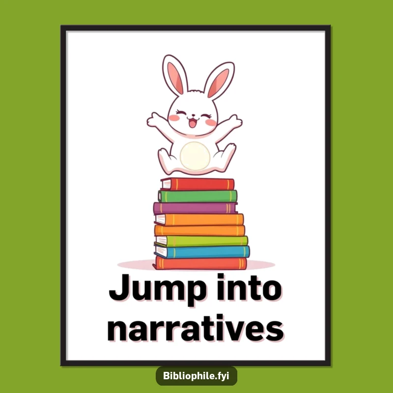 Instantly download and print this funny artwork of a cheerful rabbit leaping over storybooks. Perfect for adding vibrant joy to any space.