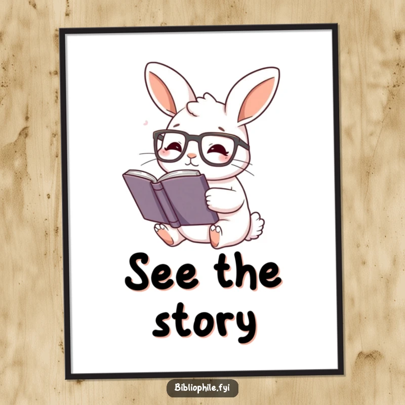 Funny Rabbit Digital Art: Rabbit with reading glasses, engrossed in a story, charming printable decor.
