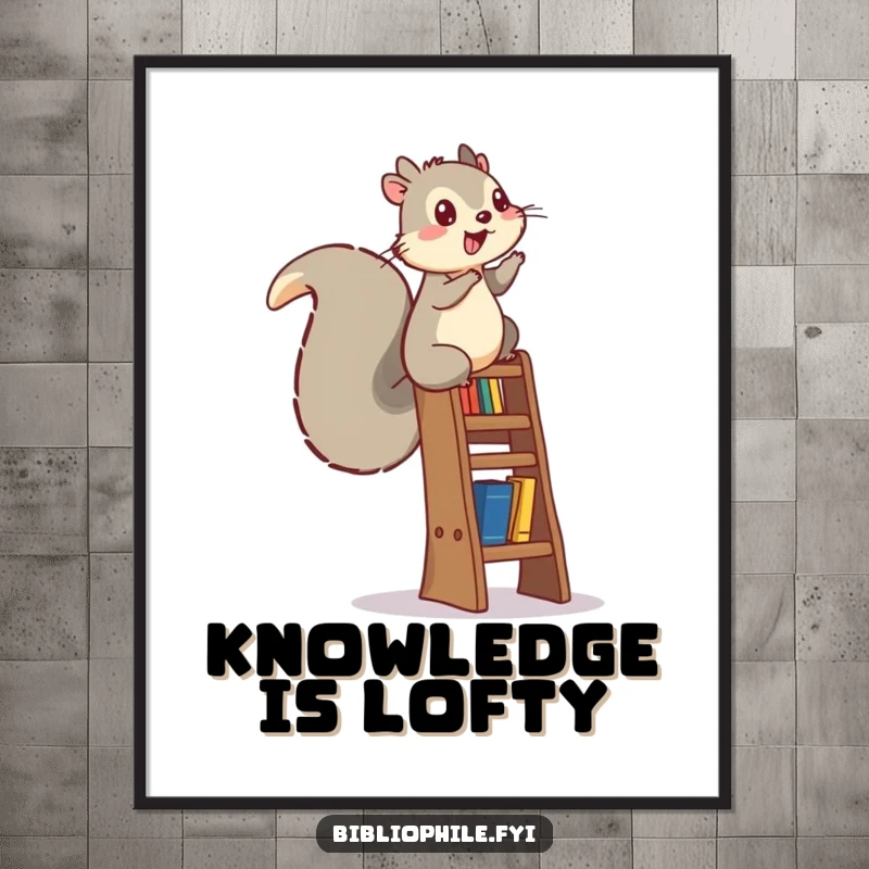 Funny squirrel character energetically climbing a bookshelf ladder, available as a high-resolution digital art print.