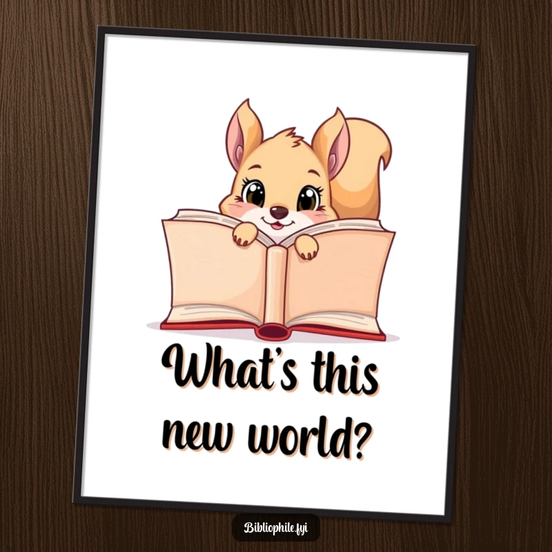 Funny curious squirrel with bright eyes peeking from behind a giant open book, printable digital art.