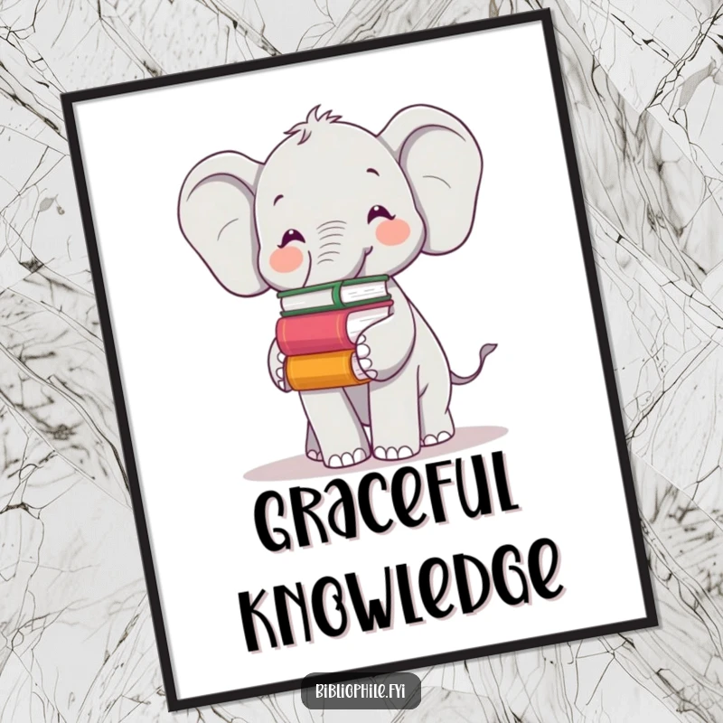 Funny digital art print of a cheerful elephant balancing books on its trunk, perfect for charming wall decor.