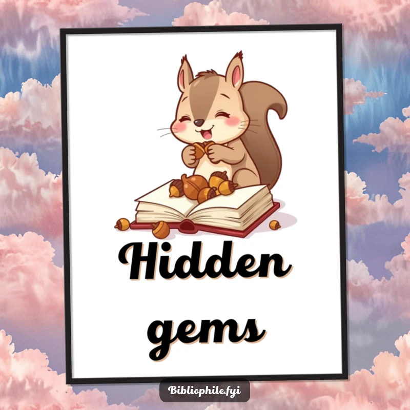 Funny squirrel stuffing acorns into a hollow book on a digital art print, depicting organized hoarding with humor, ideal for wall decor.