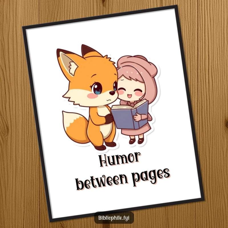 Funny fox and book friend digital art, a fox and book character sharing a joke, instantly cheerful funny gift.
