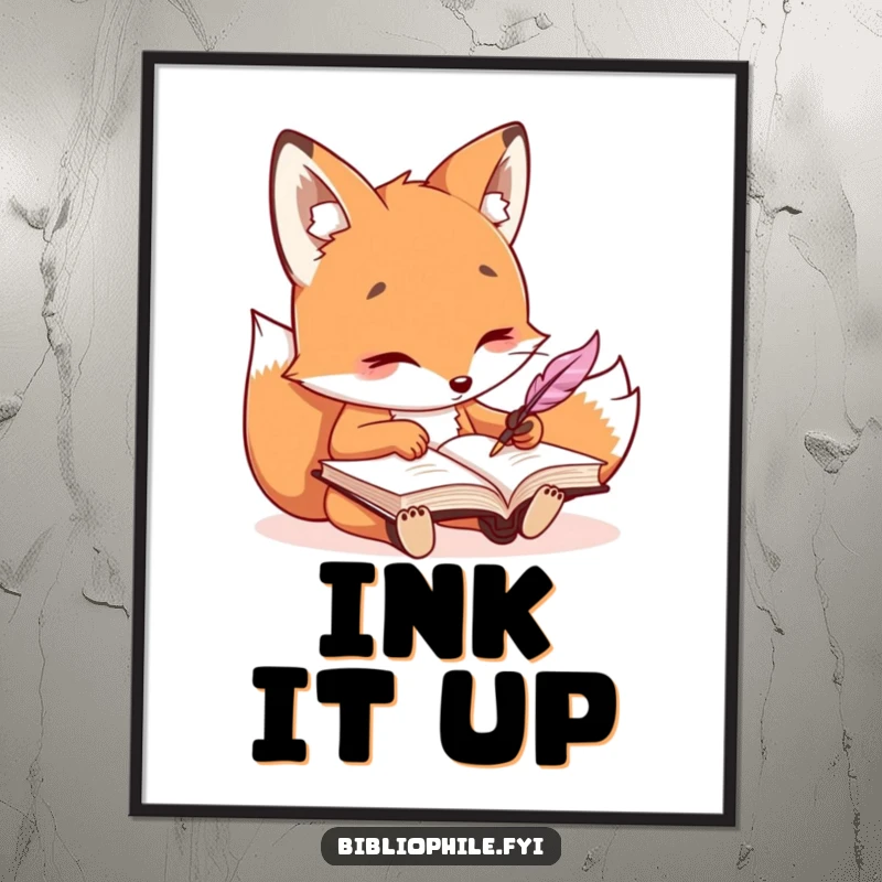 Funny kawaii fox character writing in a journal with a quill, available as a downloadable digital art print.