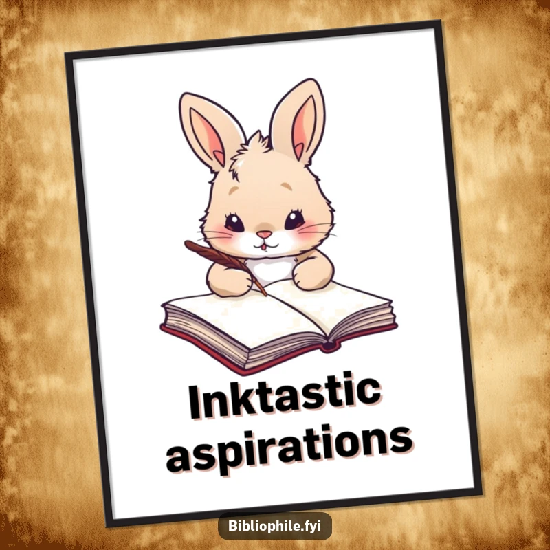 Funny rabbit holding a quill, poised to write in a large book, as a digital art print.