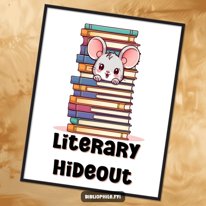 Funny digital art print of a cute mouse character peeking from behind a towering pile of books, perfect for readers.