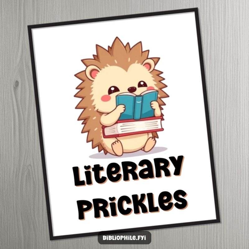 Funny kawaii hedgehog character balancing a book on its spines, as a downloadable and humorous digital art print.