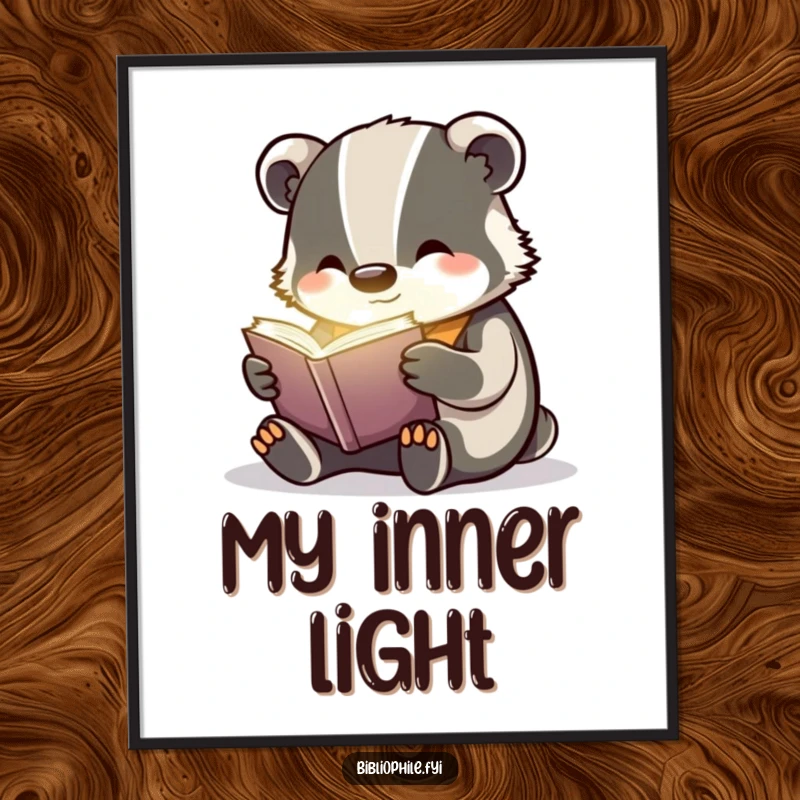 Funny cheerful badger engrossed in a faintly glowing book, as a digital art print for magical decor.