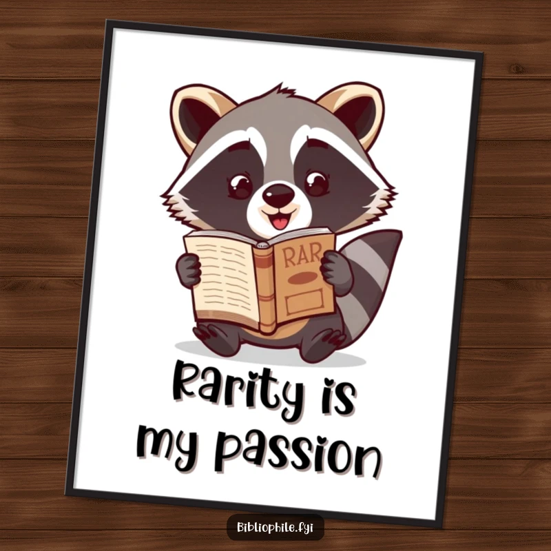 Funny Raccoon Digital Print of a cute raccoon character excitedly showcasing a newly discovered rare book, ideal for adventurous decor.
