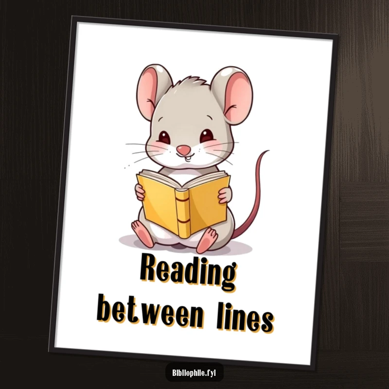 Funny Mouse Digital Print of a cute mouse character amusingly reading a tiny book upside down, ideal for adding whimsical art.
