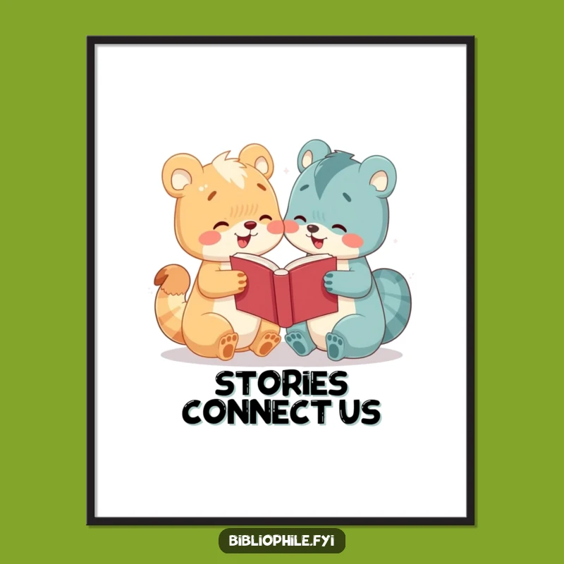 Funny Digital Art: Cute Animal Book Sharing Print Gift for Instant Decor