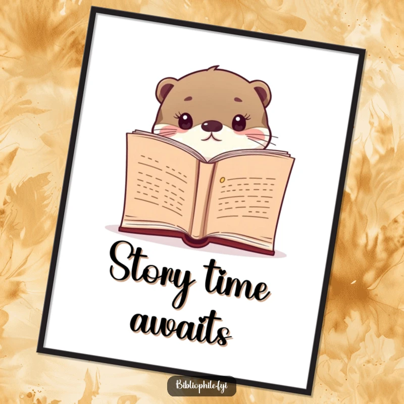 Funny digital art print of a curious otter peeking from a book, perfect for whimsical wall decor.