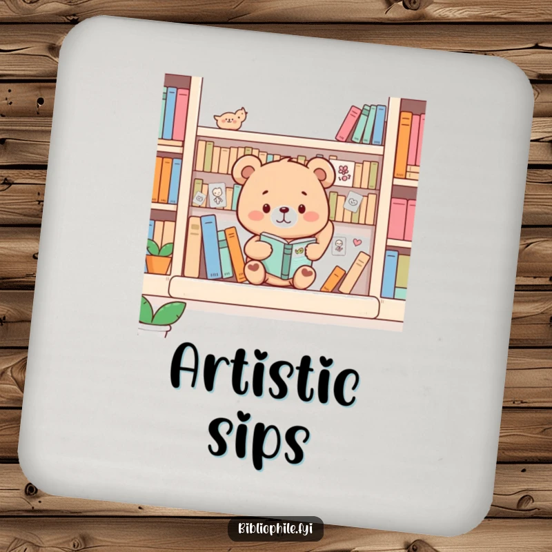 Funny Bear Coaster: Bear decorating a bookshelf with drawings, protecting surfaces with artistic charm.