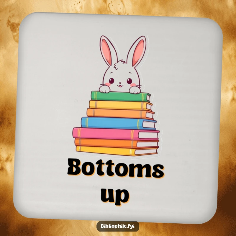 Funny rabbit peeking from book stacks on a drink coaster, adding literary curiosity and humor to decor, a delightful funny gift.