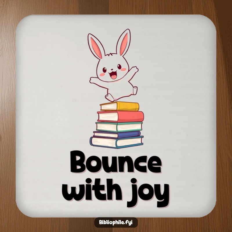 Funny drink coaster with a cute rabbit character enthusiastically leaping over a stack of novels, adding a playful touch.