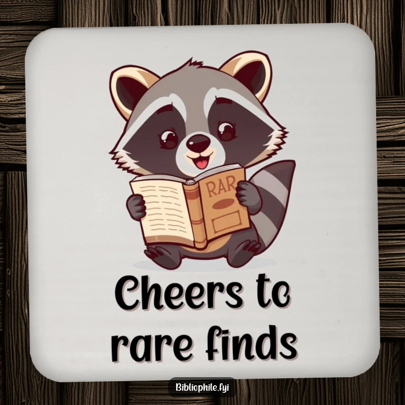 Funny Raccoon Coaster set featuring a cute raccoon character excitedly showcasing a newly discovered rare book, adding collector's charm with humor.