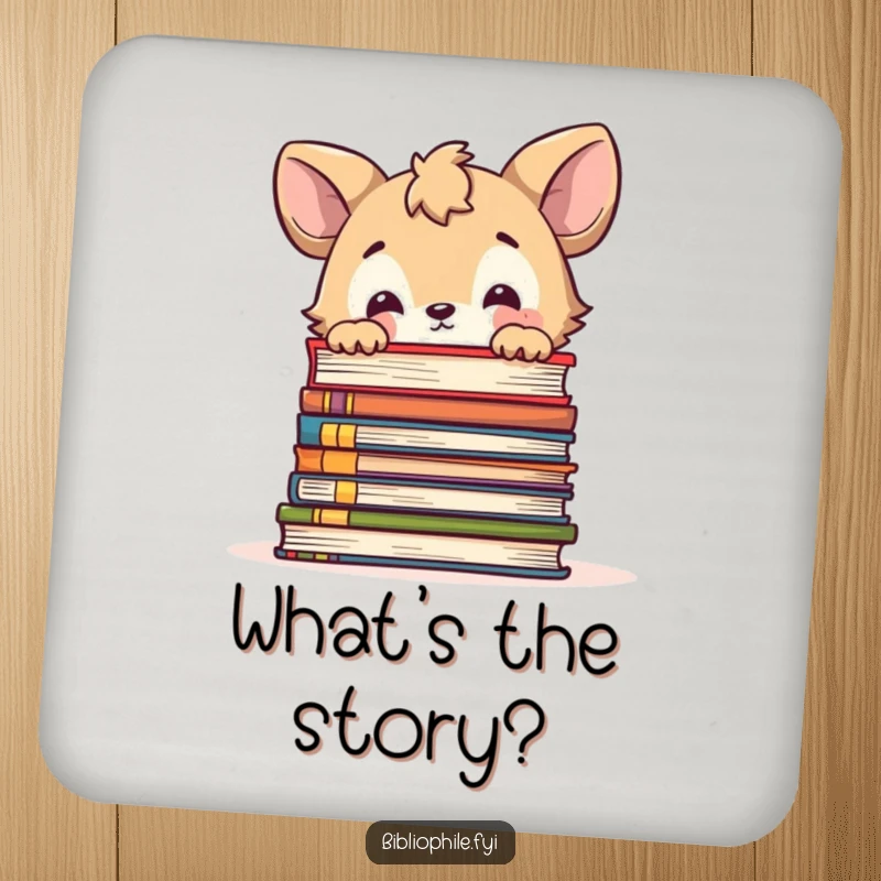 Funny coaster featuring a cute animal character curiously peeking over a large stack of books, a curious and practical accessory.