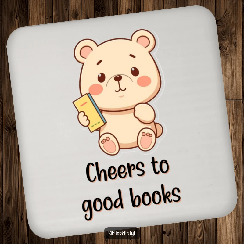 Funny proud bear holding a tiny bookmark, designed on a round drink coaster.