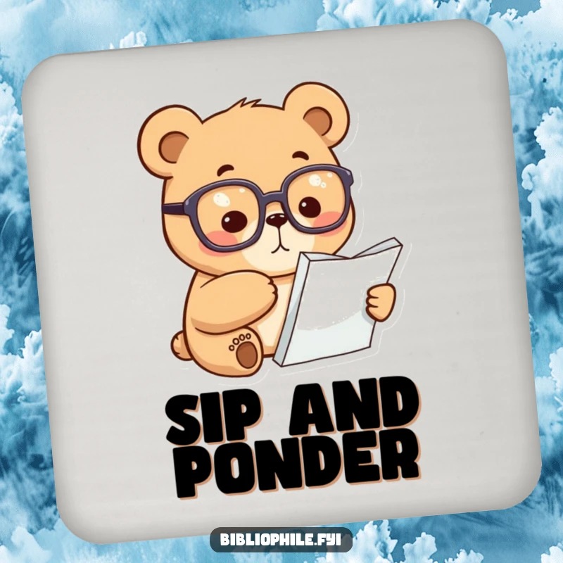 Funny Bear Coaster: A focused bear with glasses points at a book, protecting surfaces with intellectual humor and charm.