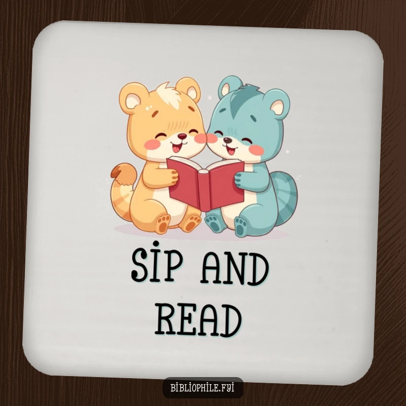 Funny drink coaster featuring a cute animal character sharing a book, designed to protect surfaces and add humor.